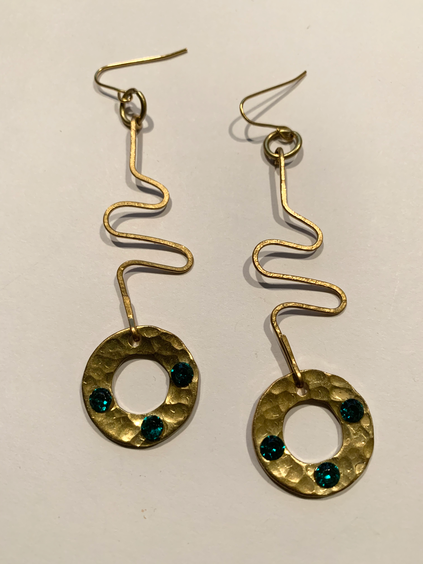 Brass Ring Drop with Emerald Green Crystal Accent Bead Earrings