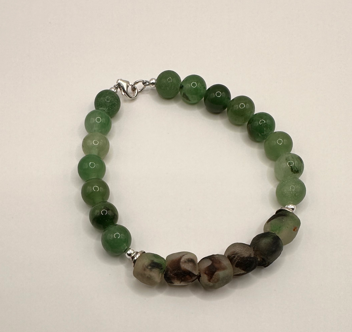 Green Aventurine Gemstone, African Recycled Glass Beads with Sterling Silver Bracelet