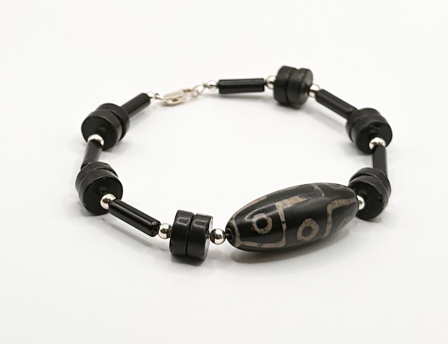 Tibetan Focal Bead Bracelet with Black Jasper and Sterling Silver Accent Beads