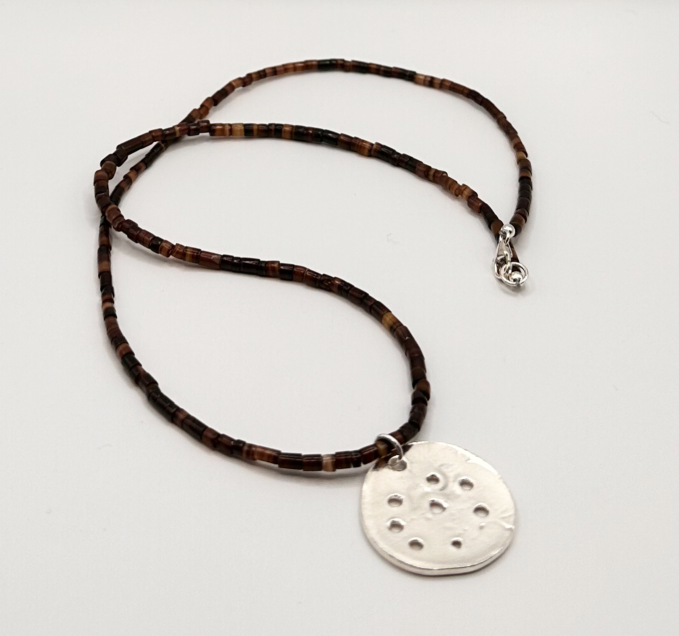 Pen Shell Heishi Bead Chain with Fine Silver Accent Pendant