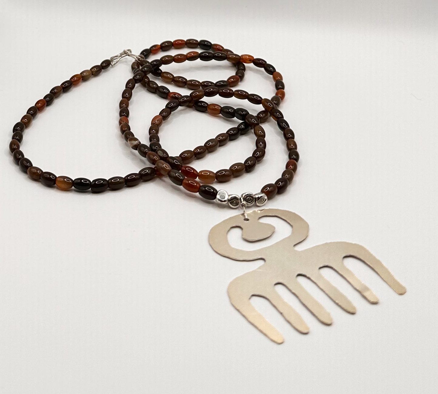 "ADINKRA' Sterling Silver Symbol Pendant with Shell Beaded Chain
