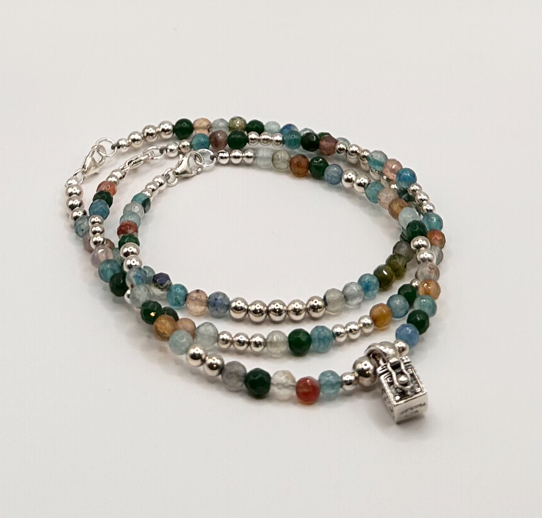Multi Tourmaline Gemstone with Sterling Silver Bead with Prayer Box Bracelet Set