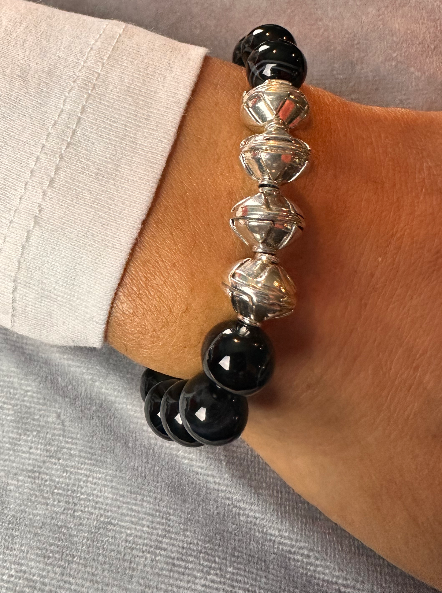 Onyx with Sterling Silver Focal Beads Bracelet