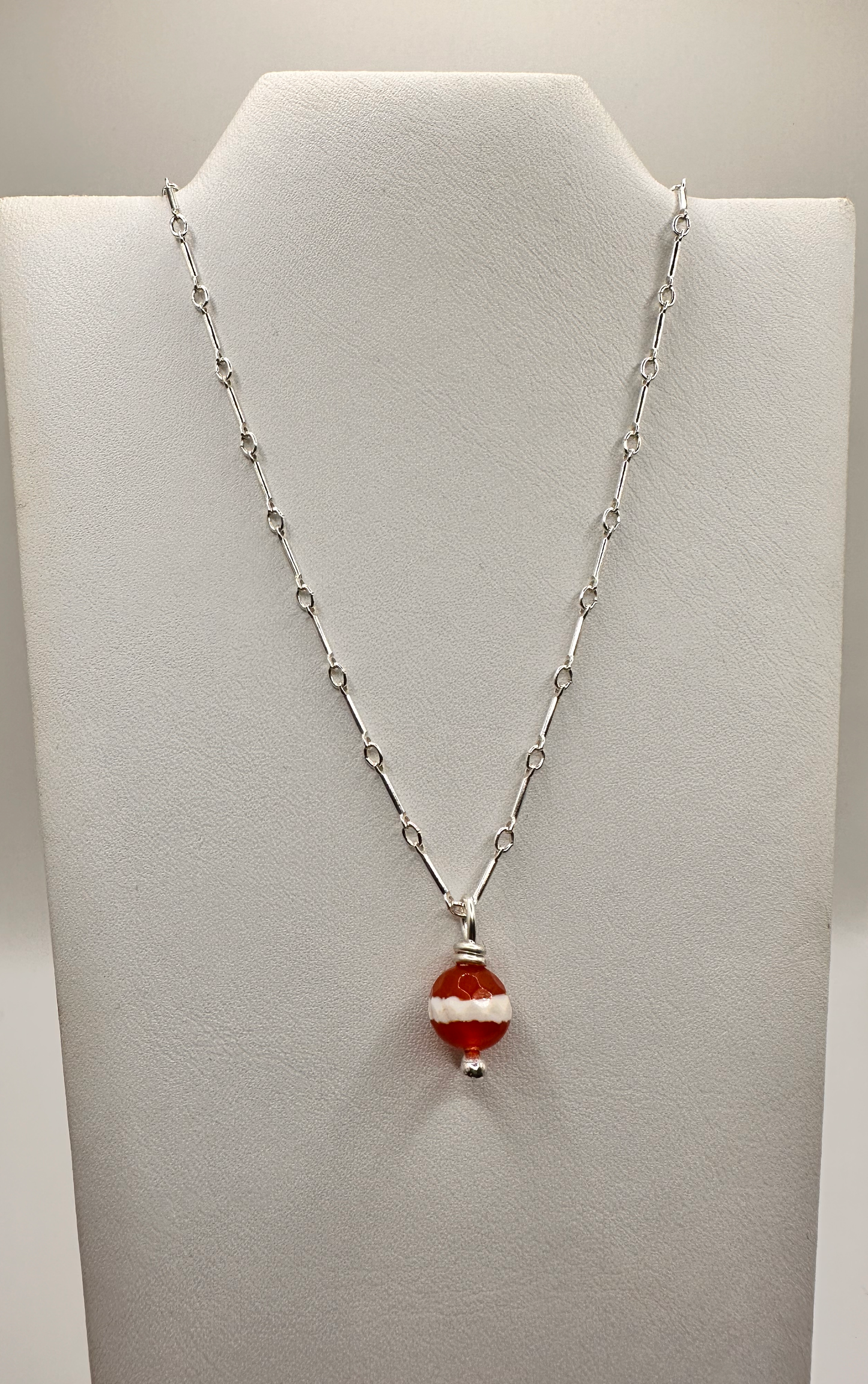 Carnelian Striped Minimalist Bead with Sterling Silver Chain Necklace