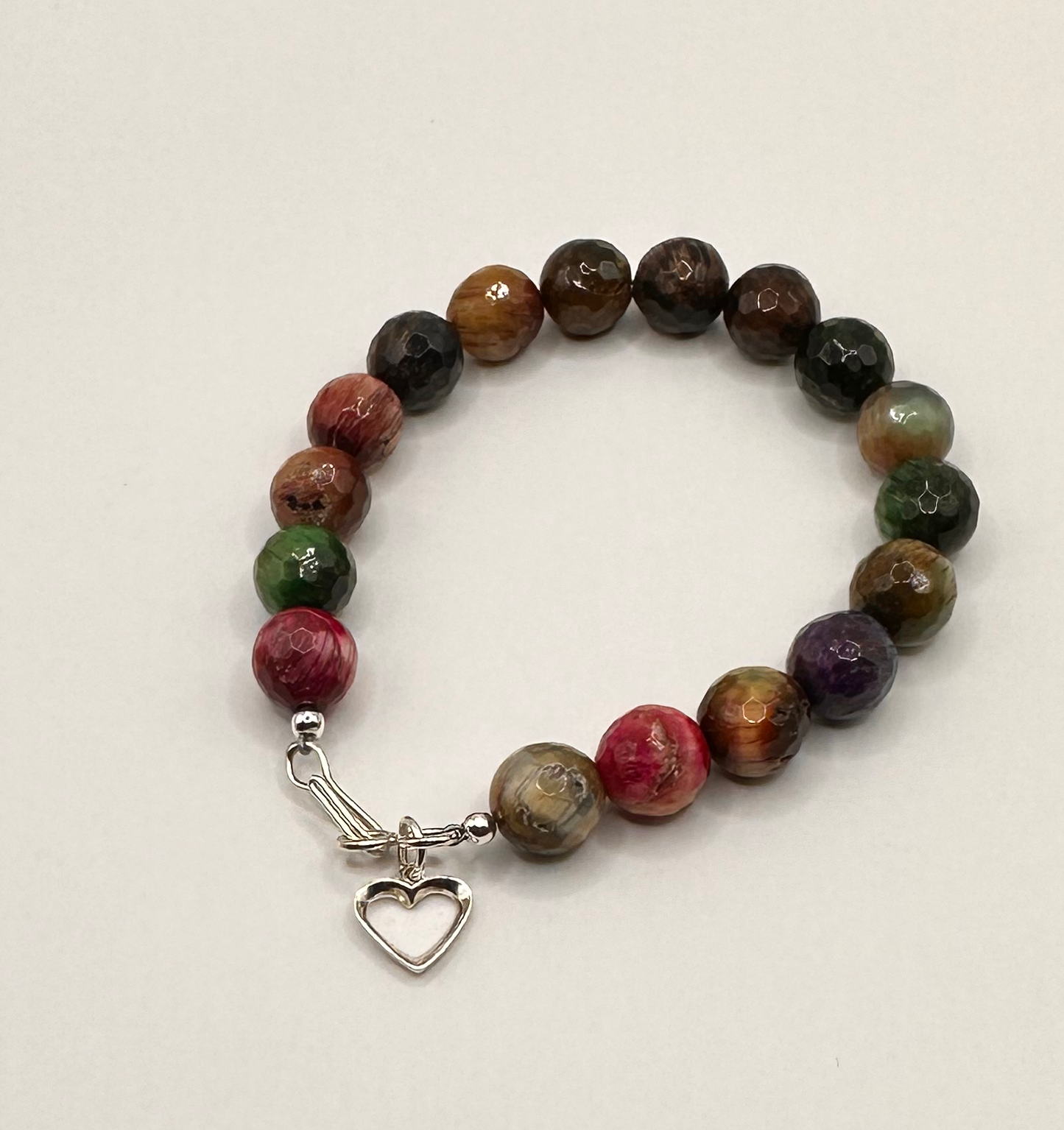 Multi Tourmaline Bead with Sterling Silver Heart Charm Bracelet