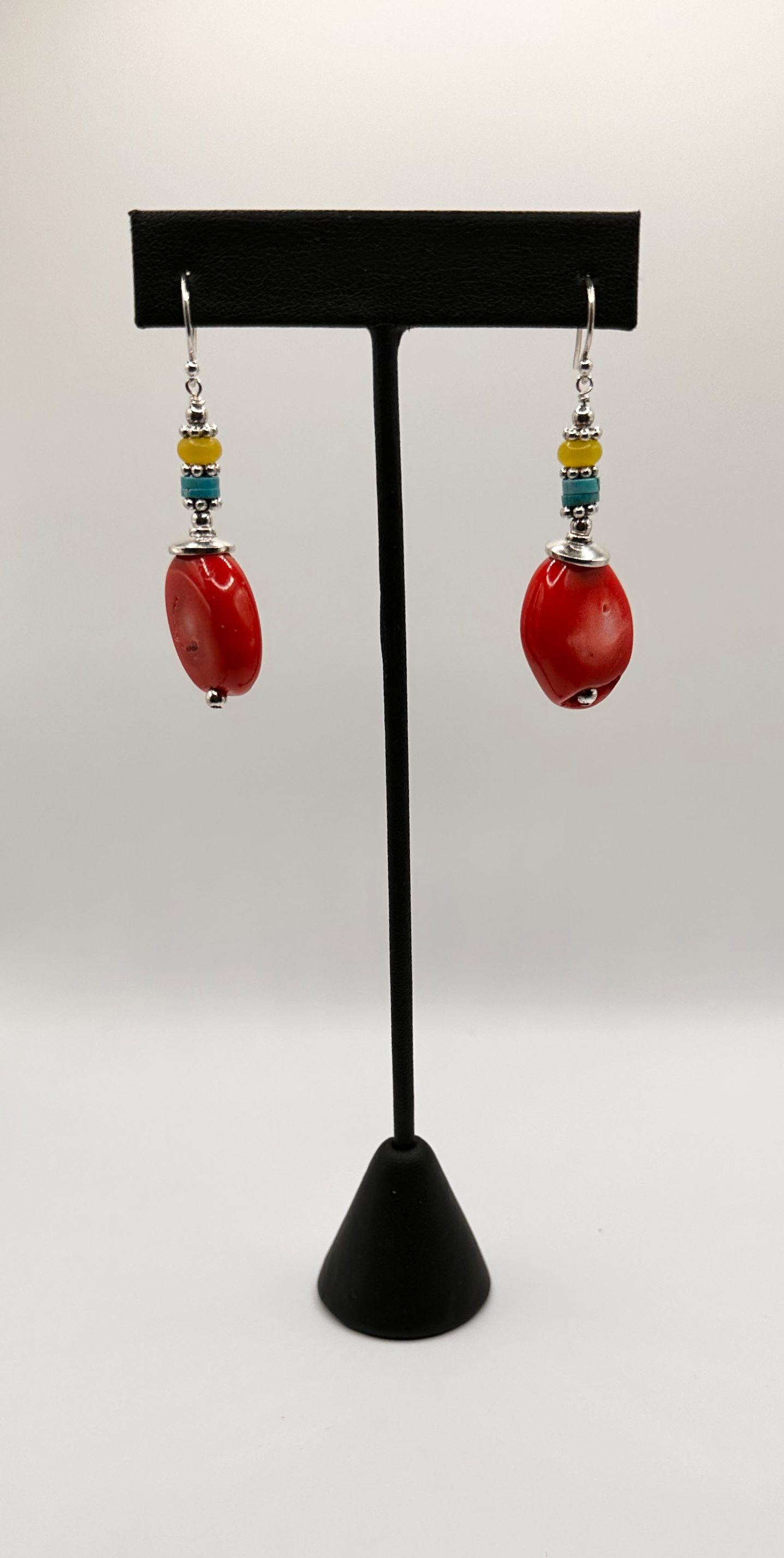 Coral with Multi Gemstone Bead Dangle Earrings