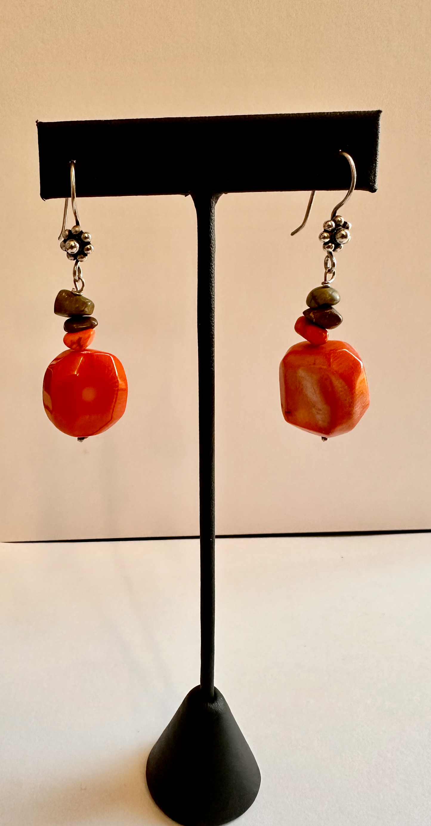 Orange Coral Stone Bead with Sterling Silver Earrings
