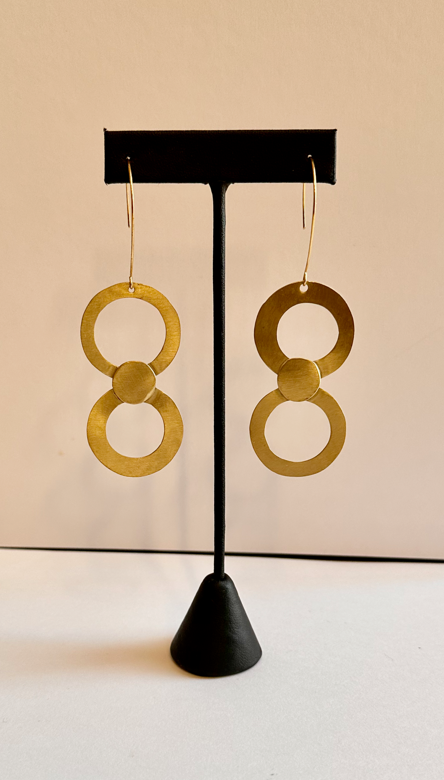 Contemporary Artisan Designed Red Brass Connected Hoop Round Drop Earrings