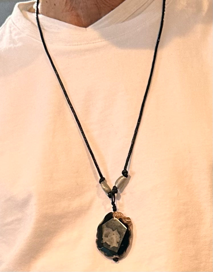 Agate Slice Pendant Necklace with a durable Black Cotton Cord Necklace