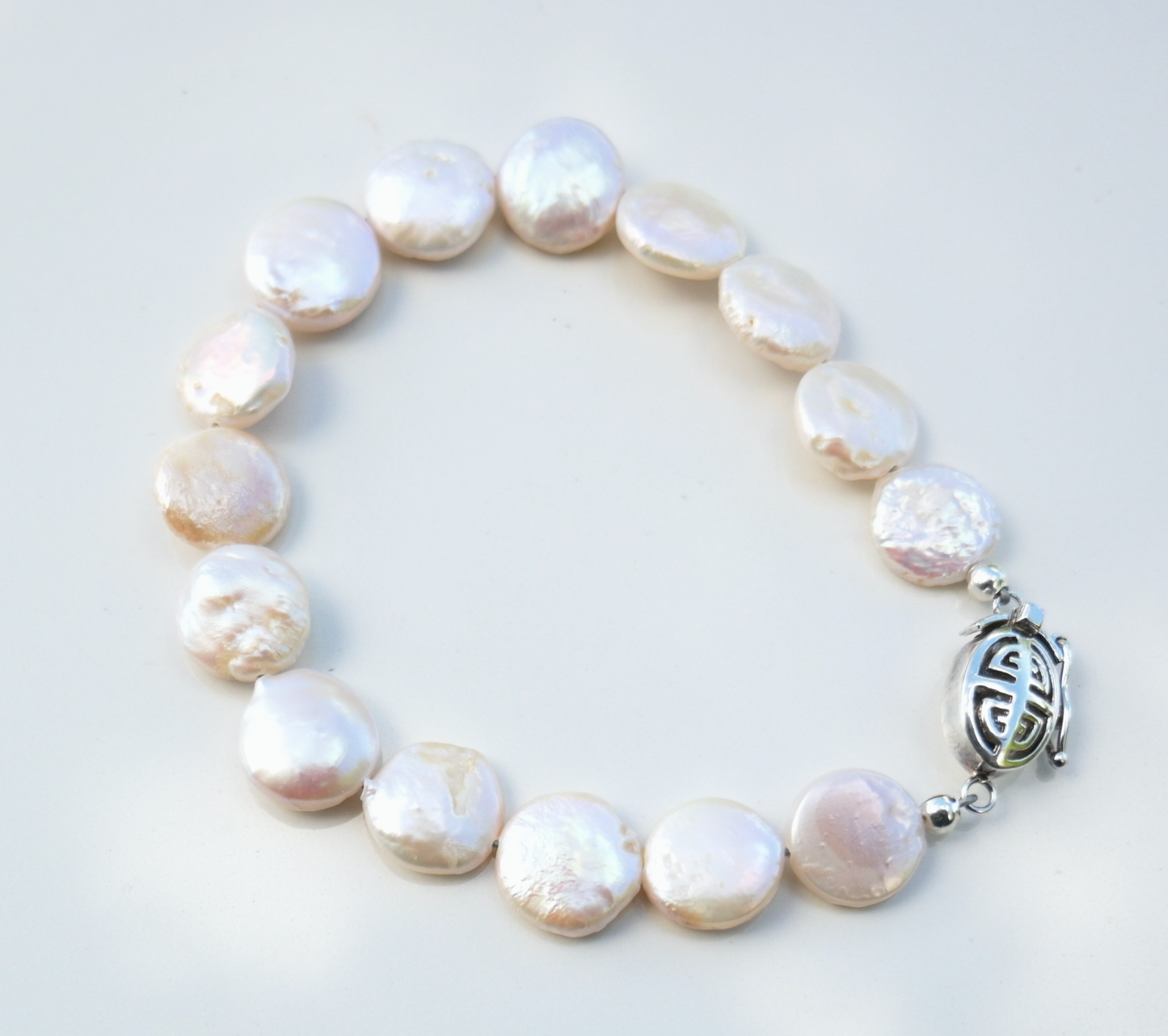 Freshwater Pearl Bead Button with Sterling Silver Fancy Clasp Bracelet
