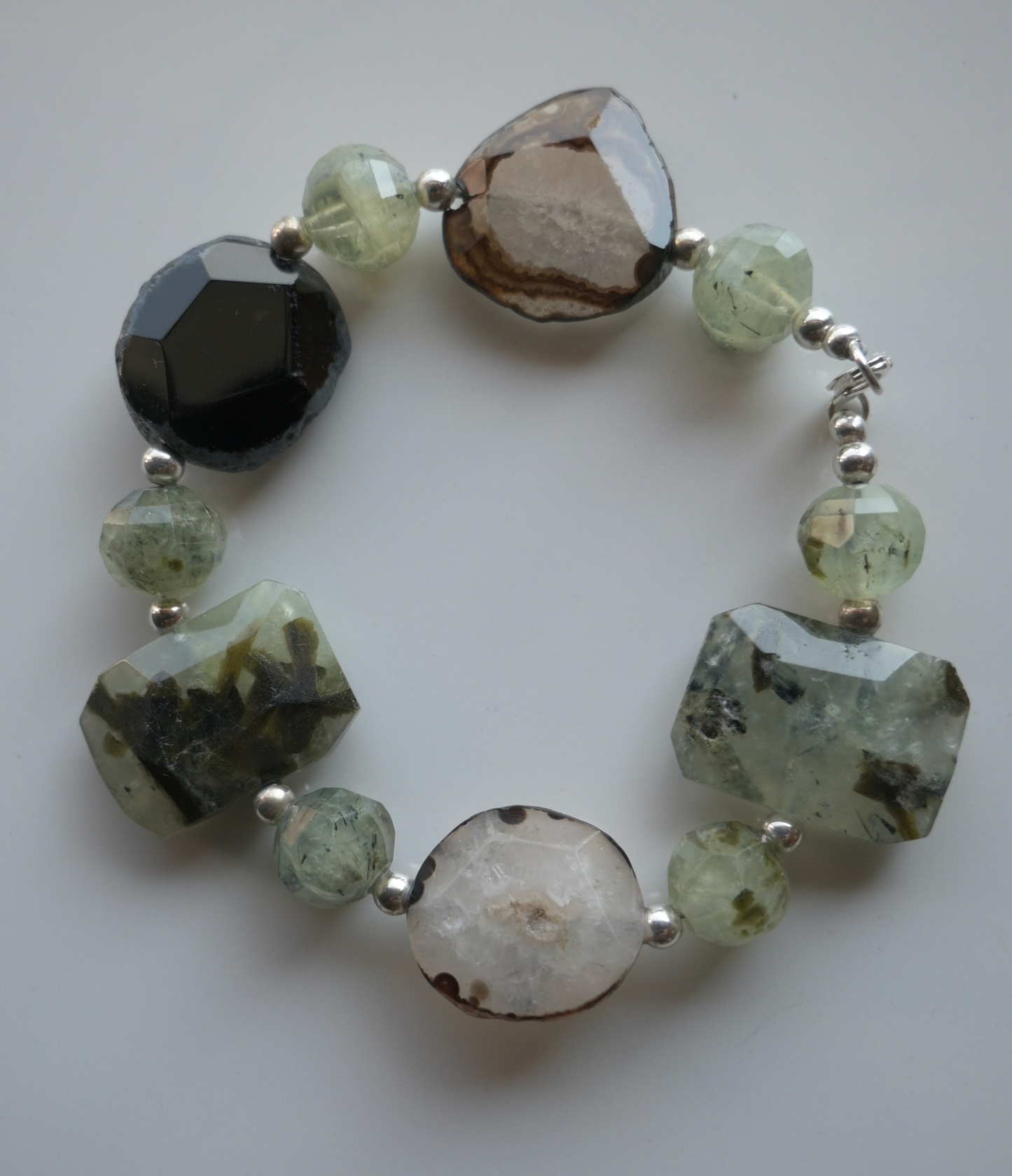 Green Rutilated Quartz Gemstone with Agate Slice and Sterling Silver Bead Bracelet