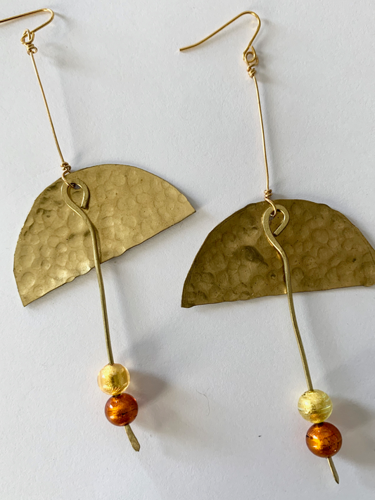 Brass Hammered Half Moon Drop Bead Earrings