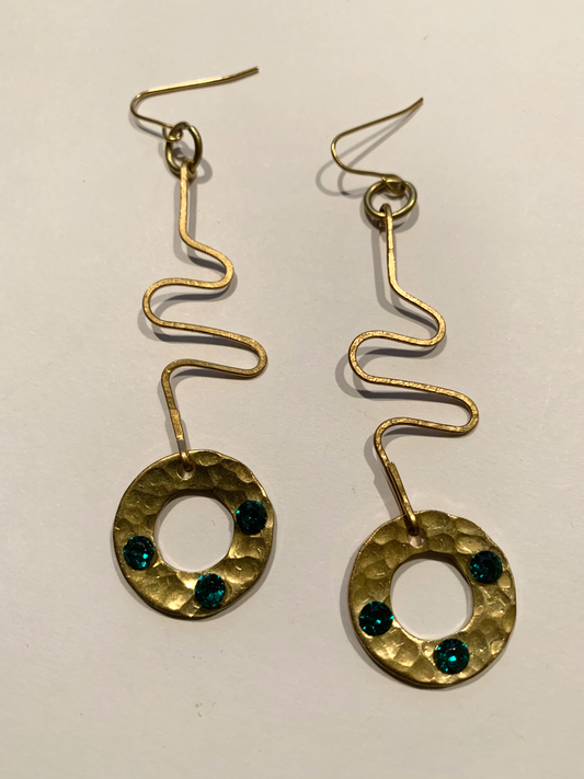 Brass Ring Drop with Emerald Green Crystal Accent Bead Earrings