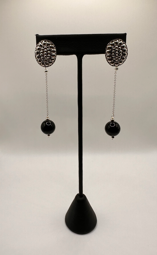 Patterned Sterling Silver With Chain Drop Black Onyx Bead Earrings