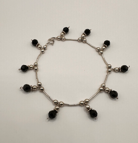 Black Czech Dangle Bead with Sterling Silver Bead Bracelet