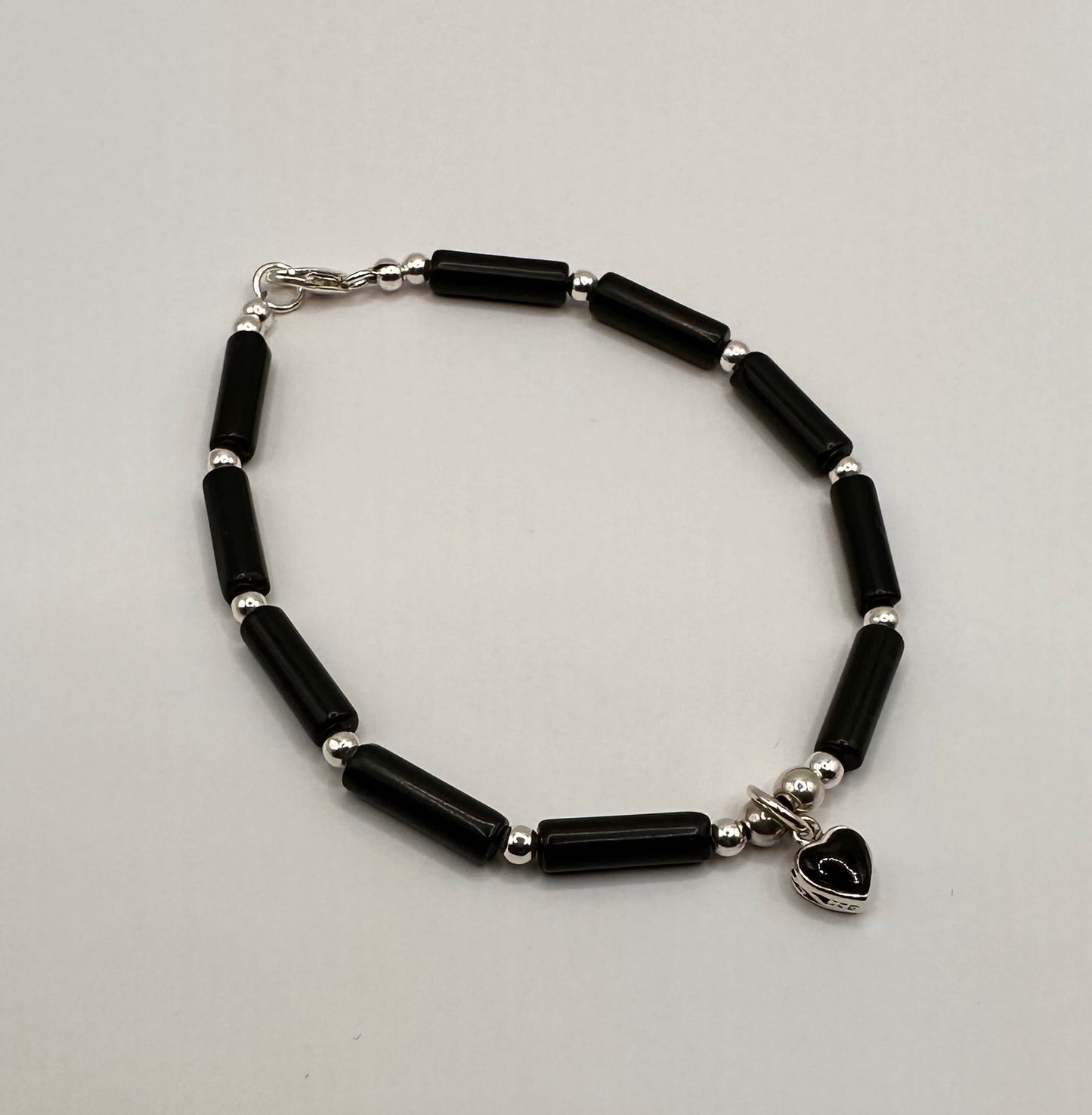 Black Onyx with Sterling Silver Heart Bead Bracelet