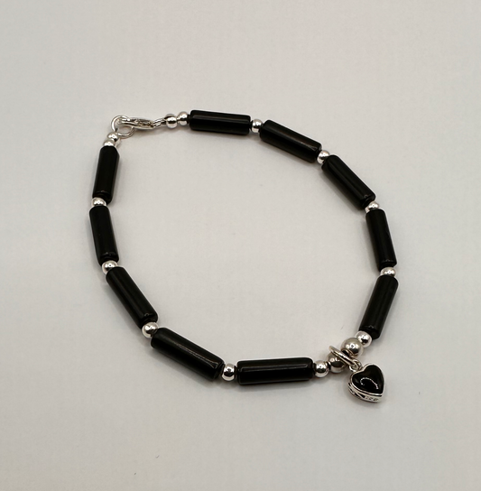 Black Onyx with Sterling Silver Heart Bead Bracelet