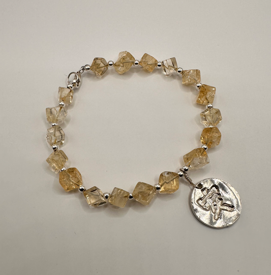 Citrine Chip with Fine Silver Chinese Symbol Charm Bead Bracelet