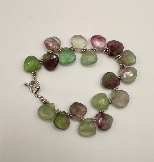 Natural Multi-Color Fluorite Gemstone Faceted Briolette with Sterling Silver Bead Bracelet