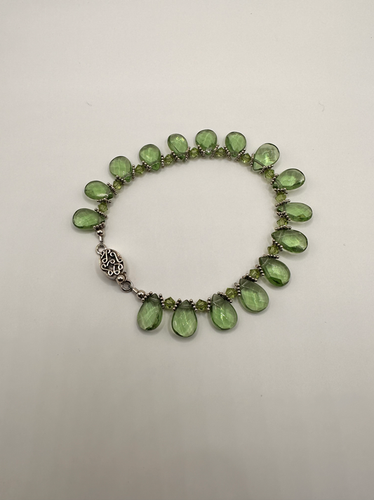 Green Czech Glass Faceted Briolette Bead with Sterling Silver Bracelet