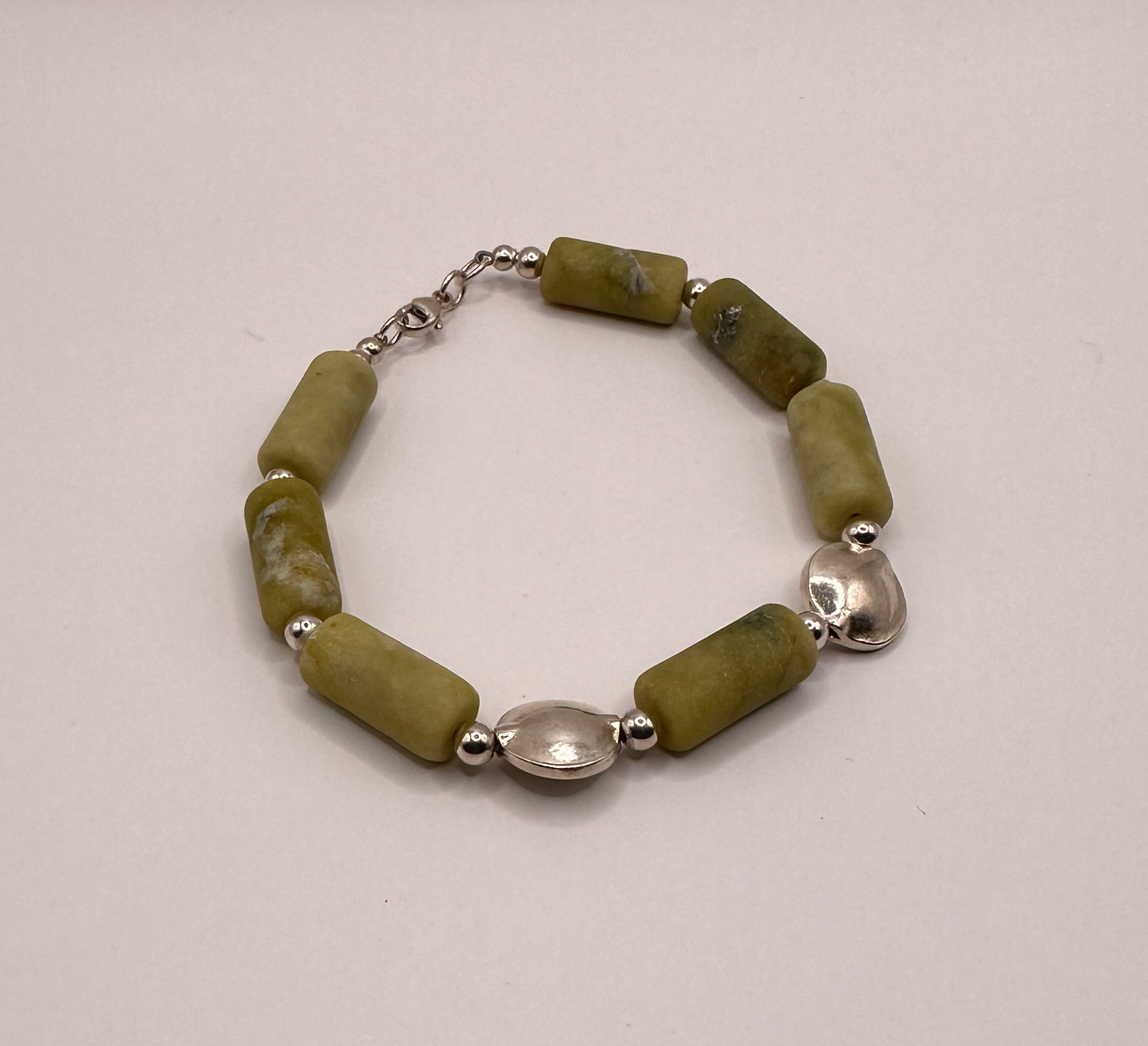Green Serpentine with Accent Sterling Silver Bead Bracelet