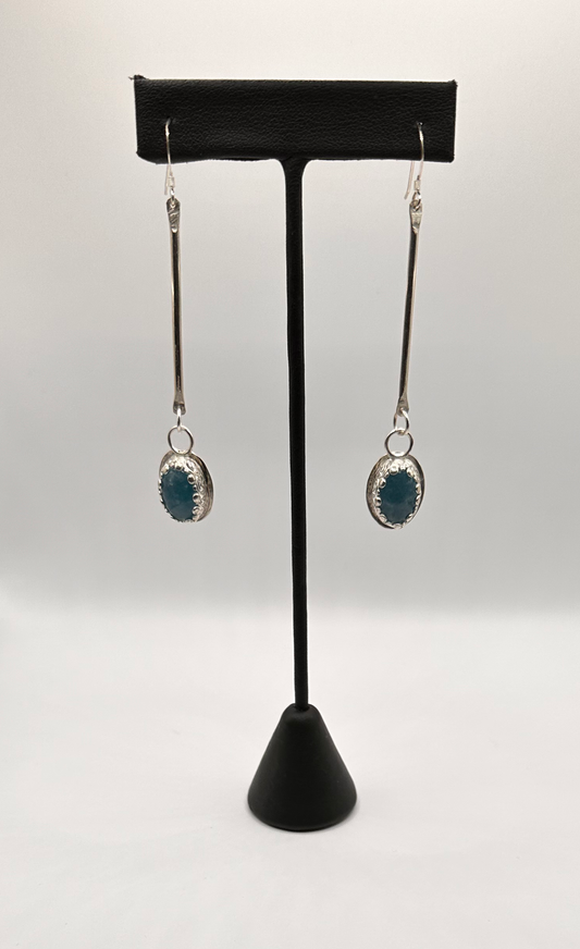 Blue Onyx Cabochon Drop with Sterling Silver Fancy Bezel Set Earrings