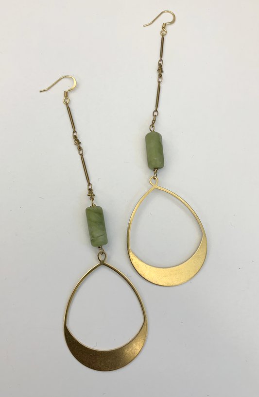 Brass Pear Shaped Drop With Serpentine Stone Earrings