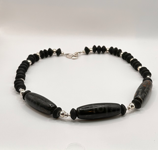 Tibetan Focal Bead Necklace with Black Jasper and Sterling Silver Accent Beads