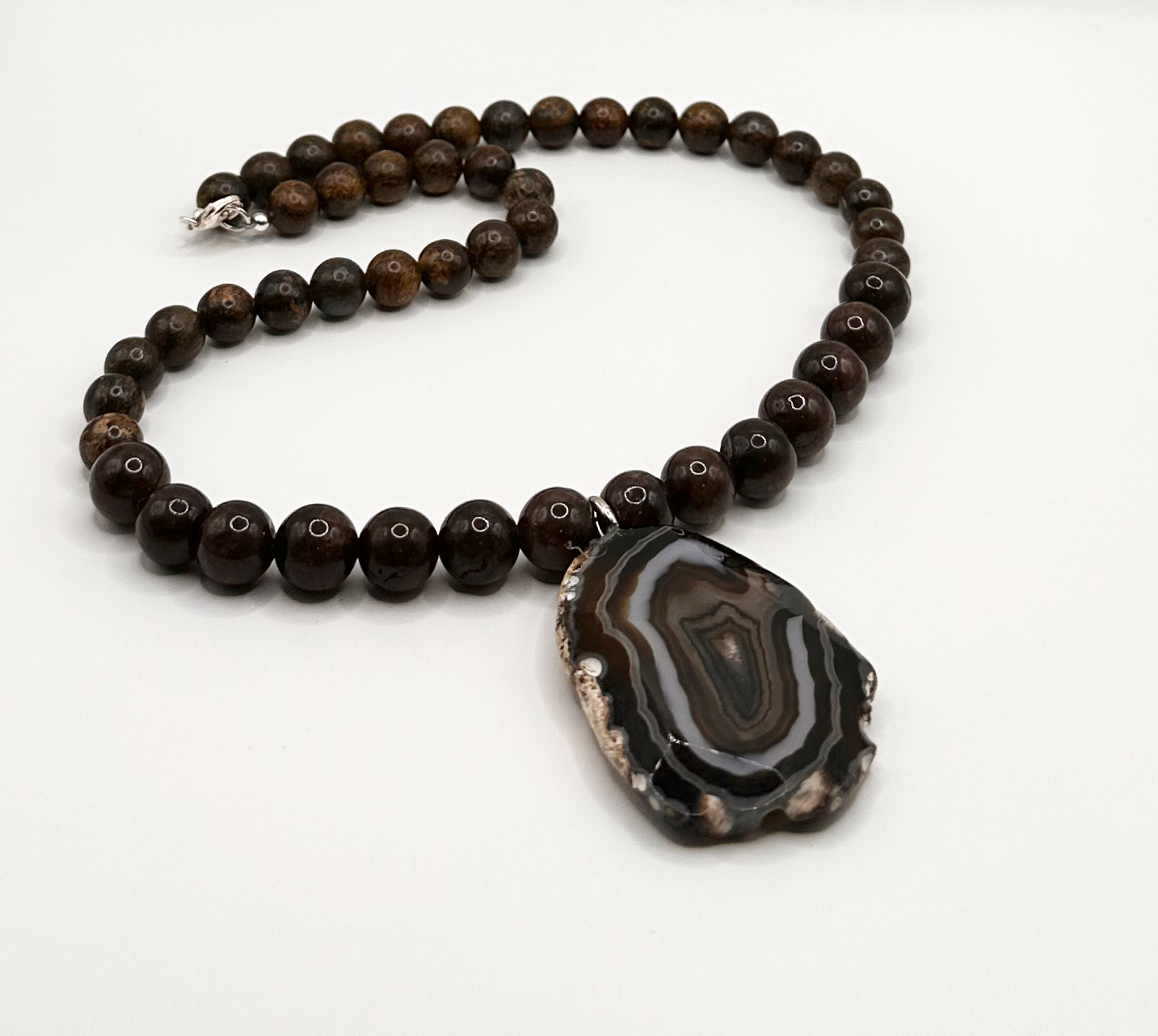 Bronzite Stone with Natural Black Banded Agate Slice Pendant
