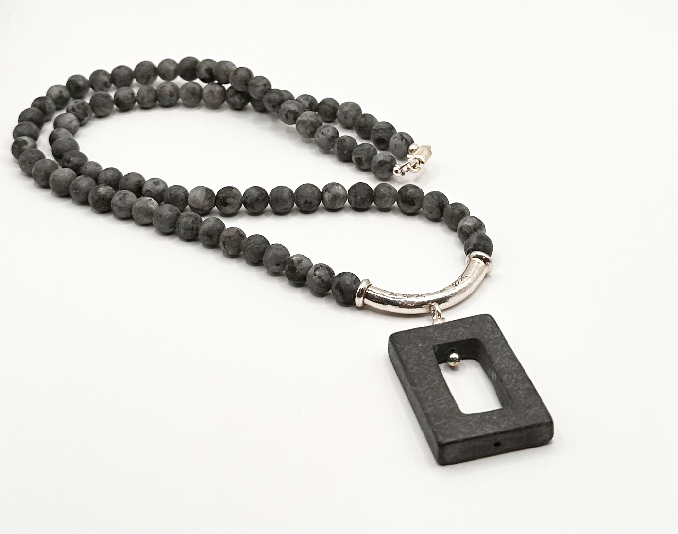 Lava Stone Beads with Slate Accent Bead and Sterling Silver