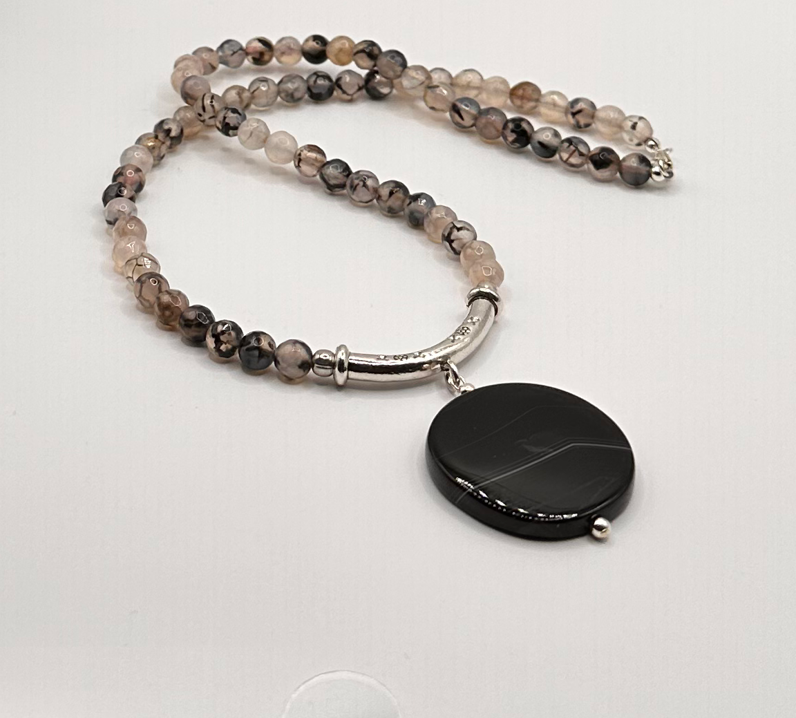 Multi Color Agate Bead Necklace with Black Jasper Stone Pendant.