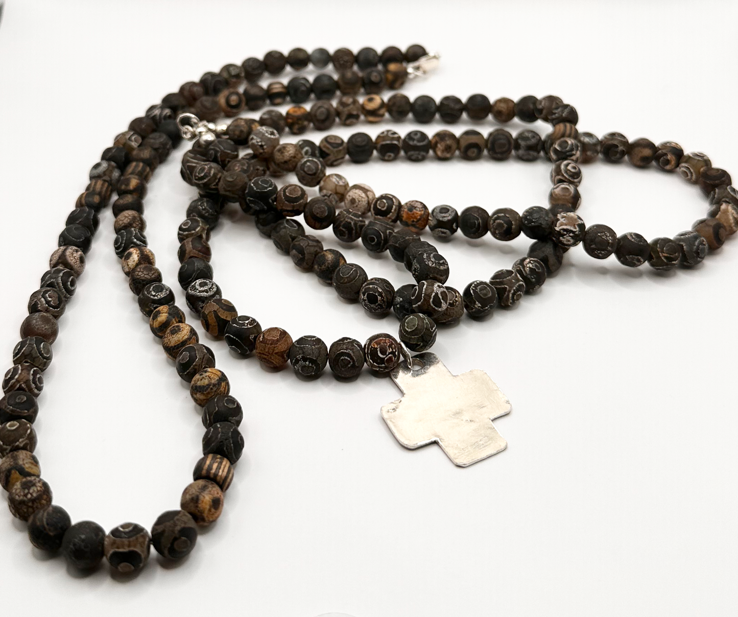Natural Tiger Skin Sandalwood Double Strand Bead Necklace with a Fine Silver (.999) Cross