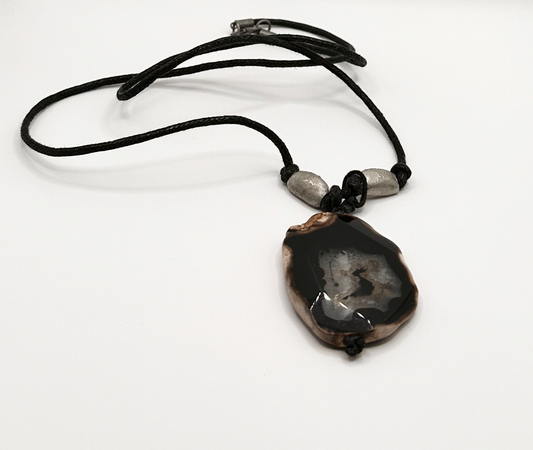 Black Banded Agate Slice Pendant with Matte Metal Accent Beads Necklace