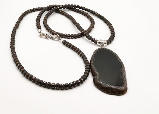 Copper Polished Bronzite Bead Chain with Agate Slice Pendant and Sterling Silver Accent Beads