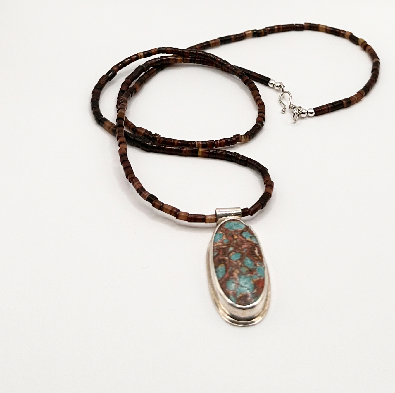 Heishe Shell Beaded Chain with an Accent Sediment Jasper Pendant Set in Sterling Silver