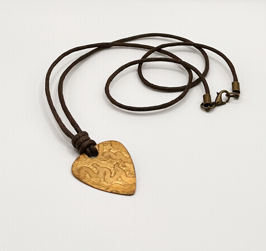 Brass Guitar Pick Pendant with an Etched Contemporary Design
