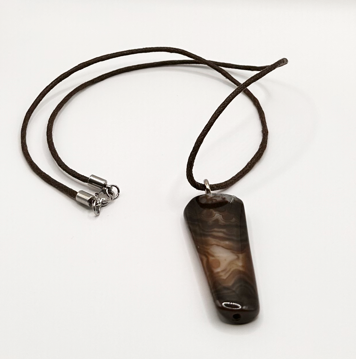 Polished Agate Stone Pendant on a Durable Black Cotton Cord Necklace