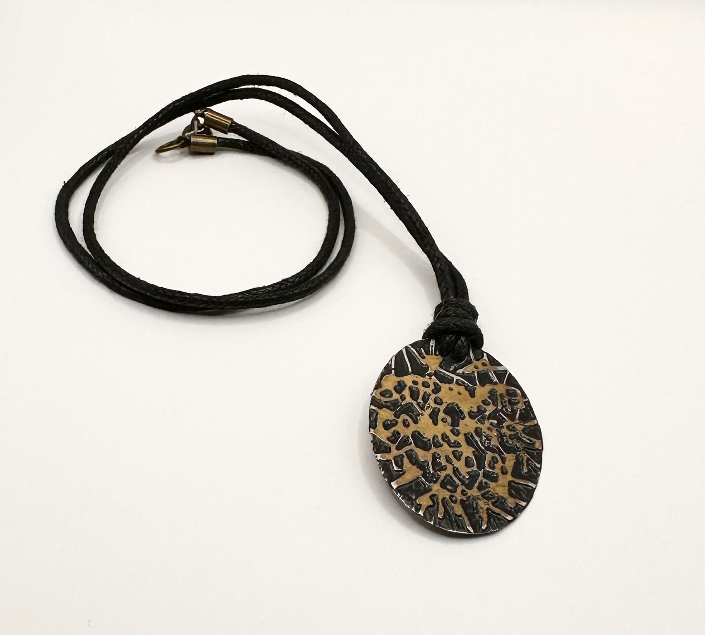 Geometric Patterned Brass Etched Pendant Necklace