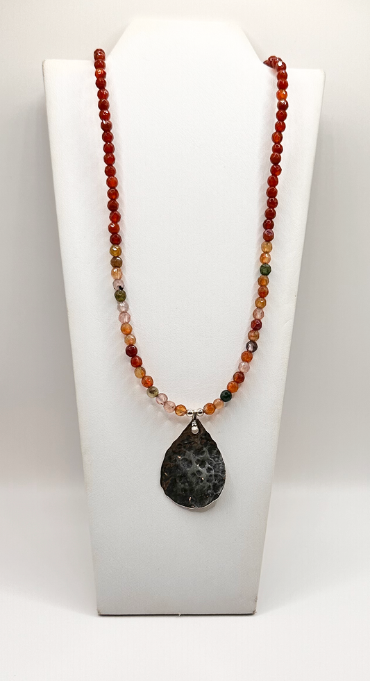 Tourmaline Bead with Hammered Sterling Silver Pear shaped Pendant Necklace
