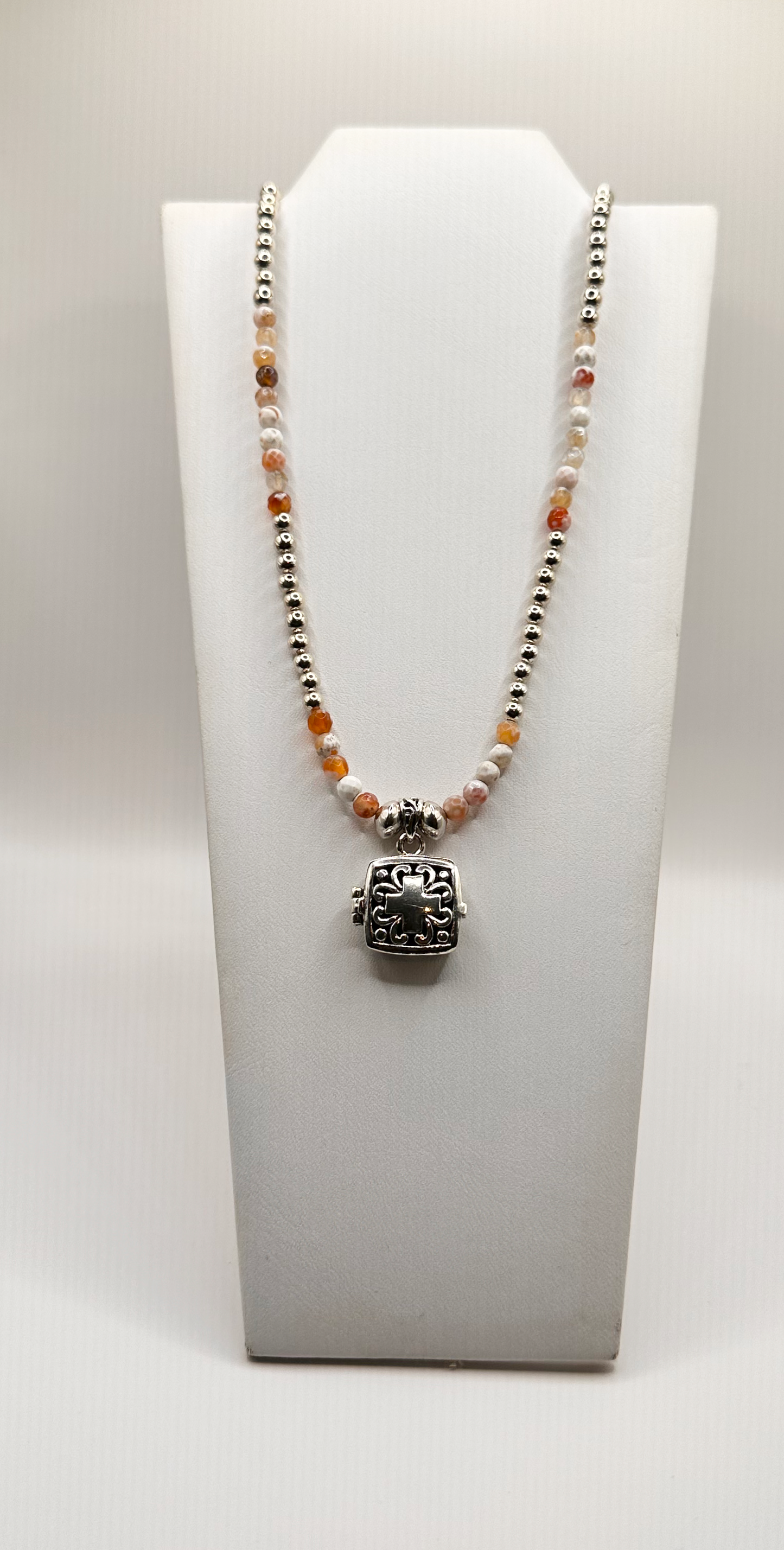 Orange Fire Agate Bead Necklace with a Sterling Silver Prayer Box Necklace