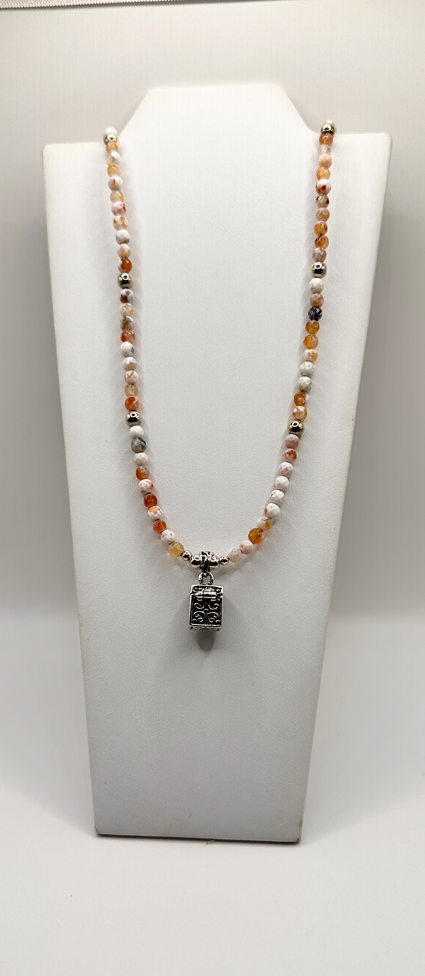Orange Fire Agate Bead Necklace with a Sterling Silver Prayer Box Necklace