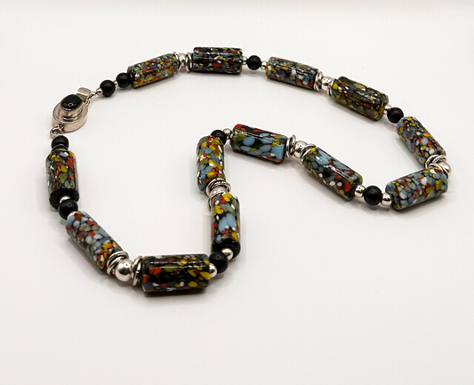 Mixed Color Ceramic Bead with Sterling Silver Accent Bead Necklace