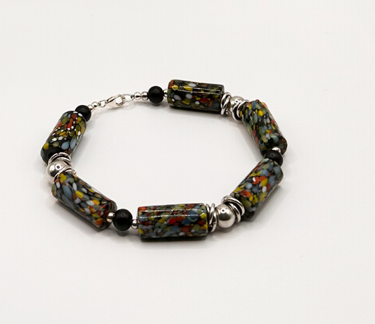 Multi Color Ceramic Stone with Sterling Silver Bead Bracelet