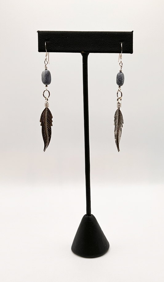 Sterling Silver Feather with Blue Clay Bead Earrings