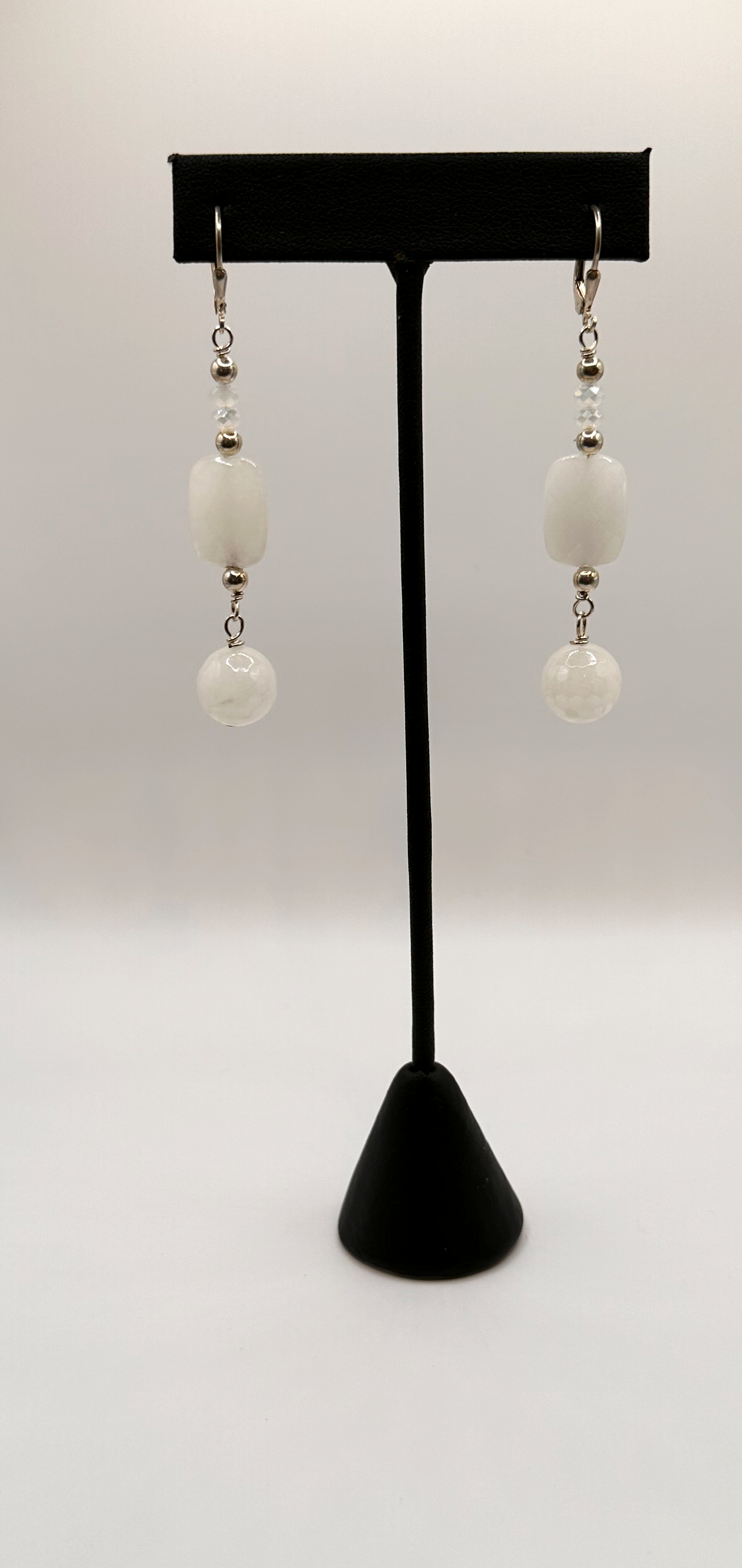 White Faceted Bead with Sterling Silver Dangle Earrings