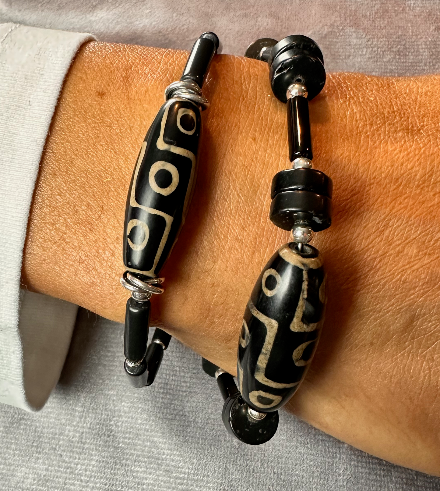 Tibetan Focal Bead Bracelet with Black Jasper and Sterling Silver Accent Beads