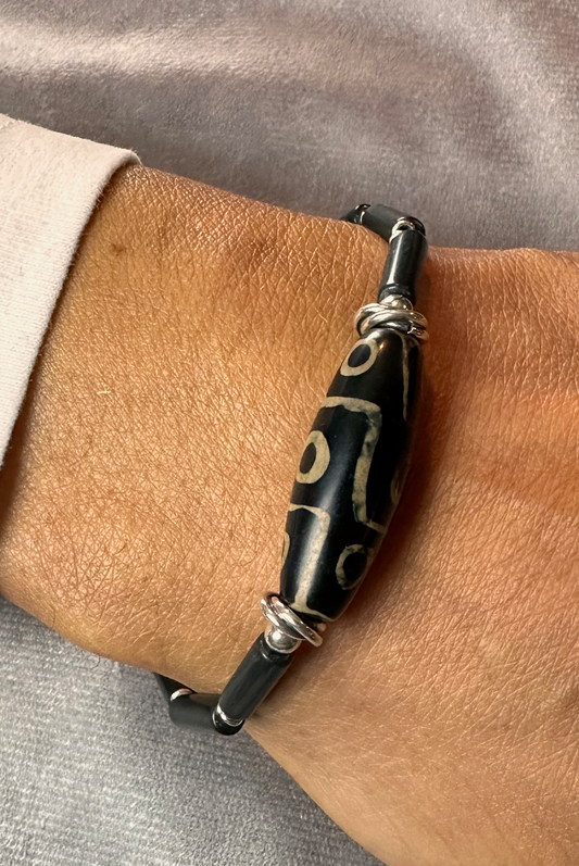 Tibetan Focal Bead Bracelet with Black Jasper and Sterling Silver Accent Beads