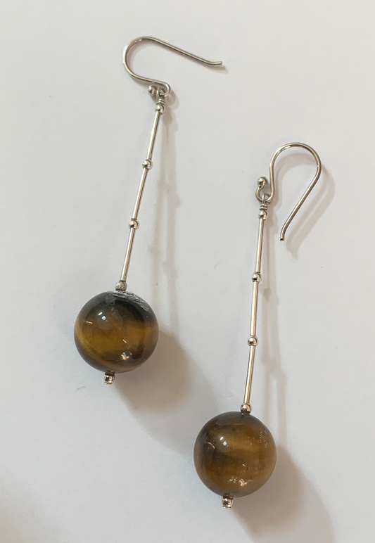 Tiger Eye Stones with Sterling Silver Bead Earrings