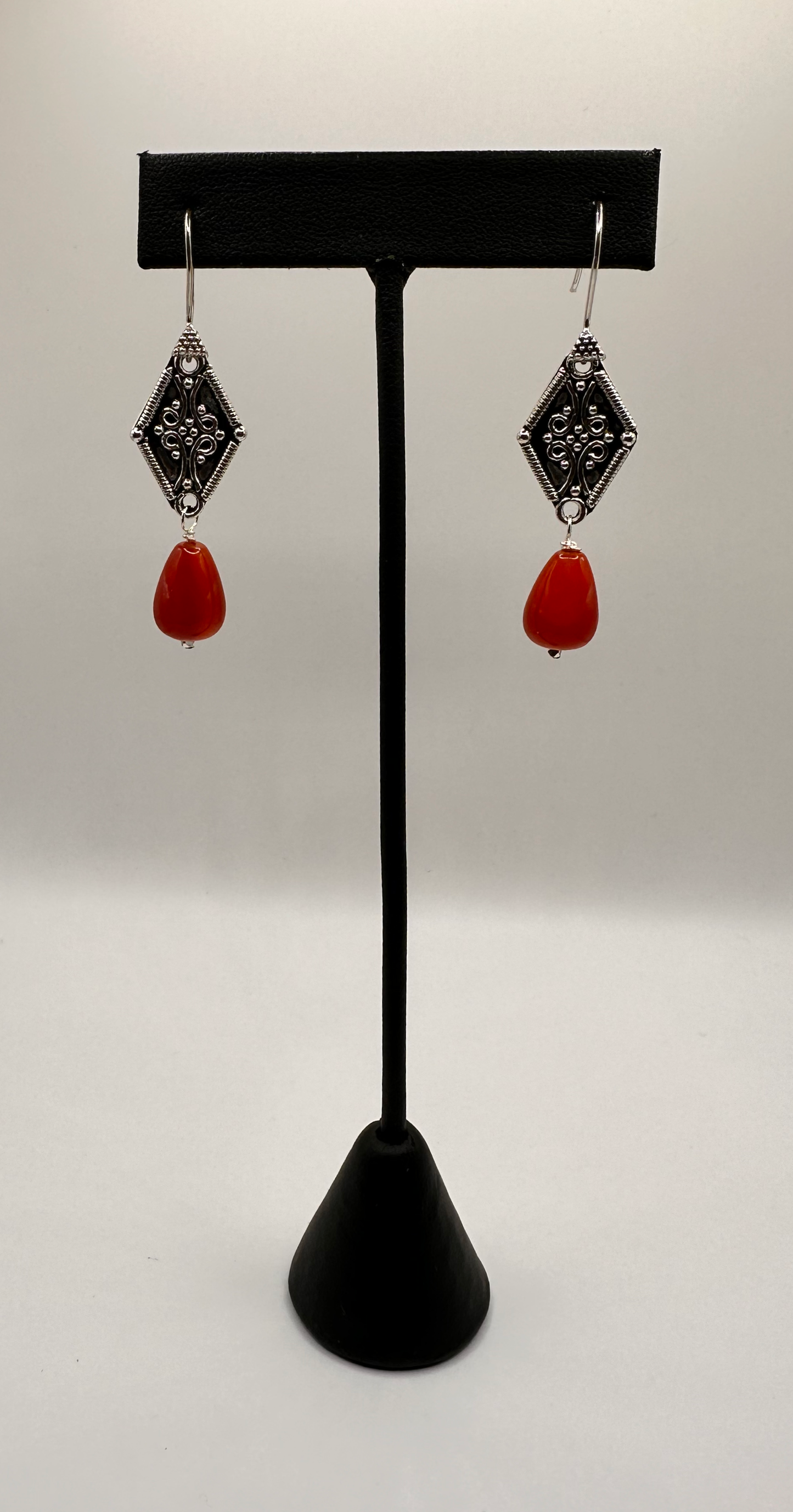 Carnelian Stone with a Victorian Style Sterling Silver Accent Bead Earrings