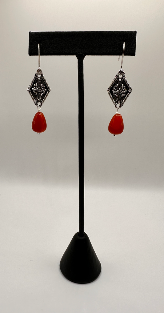 Carnelian Stone with a Victorian Style Sterling Silver Accent Bead Earrings